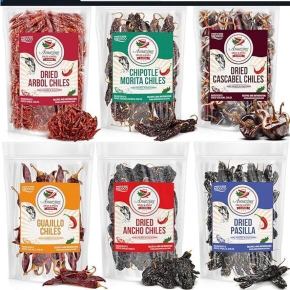 New Dried Chillis Variety Six Pack: Ancho Guajillo Pasilla Arbol Chipotle Cascab - Picture 1 of 7